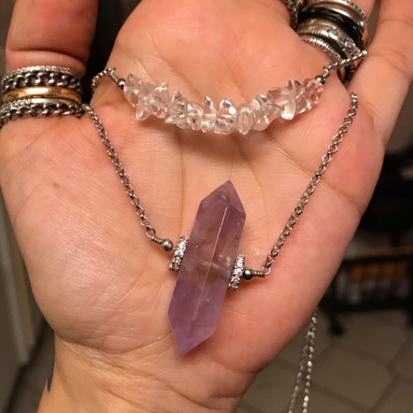 Double layer amethyst & crystal quartz necklace - Picture 5 of 8